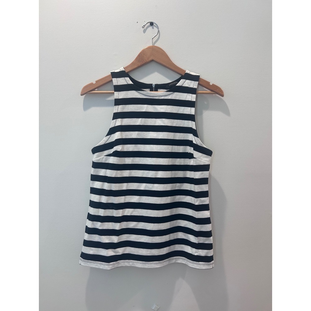 Banana Republic Tank Top Womens 10 Black White Striped Sleeveless Back Zip Shell